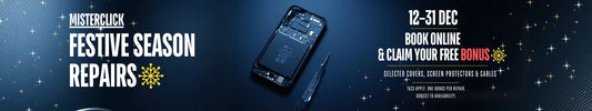 Festive season phone repair promotion at Mister Click with open smartphone repair, book online to claim a free bonus from 12 to 31 December