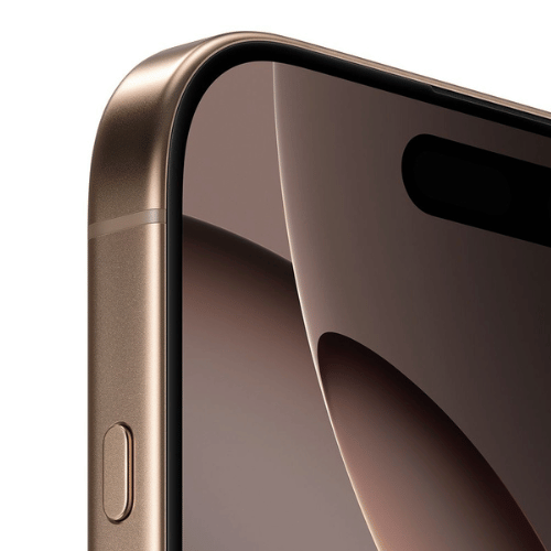 Close-up of refurbished iPhone 16 Pro Max display and titanium frame in Desert Titanium
