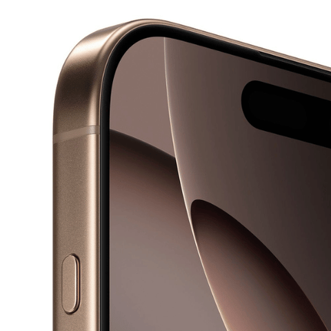 Close-up of refurbished iPhone 16 Pro Max display and titanium frame in Desert Titanium