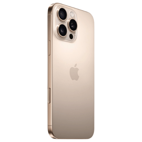 Refurbished iPhone 16 Pro Max in Desert Titanium shown from rear angle highlighting the triple camera design