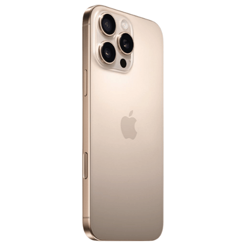 Refurbished iPhone 16 Pro Max in Desert Titanium shown from rear angle highlighting the triple camera design