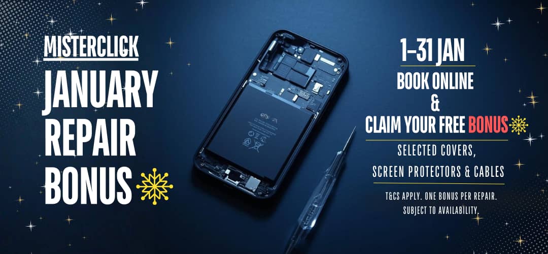 Mobile-friendly January phone repair bonus banner for Mister Click in Melbourne CBD