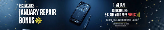 January phone repair bonus banner for Mister Click mobile phone repairs in Melbourne CBD