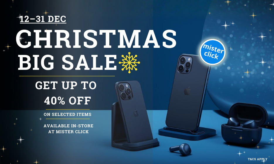 Christmas sale banner at Mister Click Melbourne offering up to 40% off selected items in store