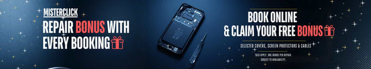 Free repair bonus at Mister Click for mobile phone repairs in Melbourne CBD including screen protectors and accessories