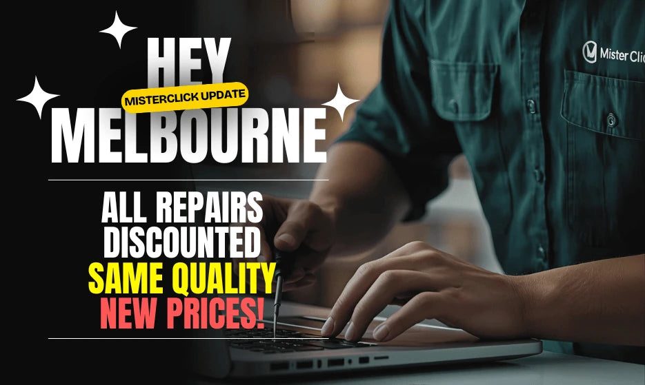 Mister Click technician repairing a smartphone on workbench with Price Drop promotion for phone repairs in Melbourne CBD